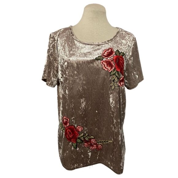 C Velvet Blouse with Floral Embroidery - Brown and Red - Picture 1 of 7